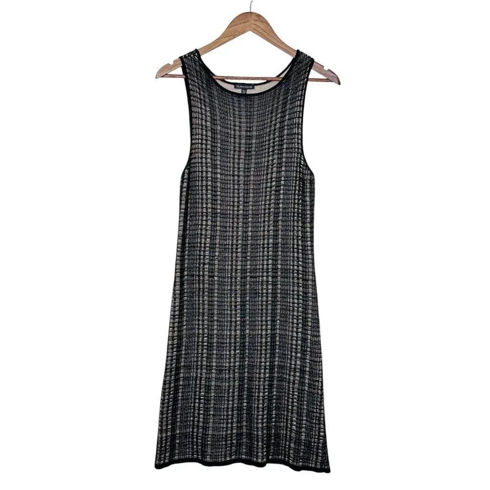 Eileen Fisher Sleeveless Knit Lace Midi Dress Black Tan Size Small